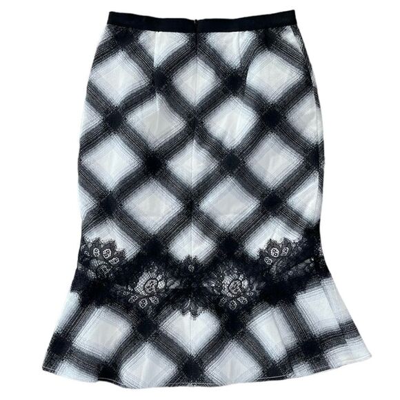 BCBG MAXAZRIA Dale Mermaid Skirt Shadow Plaid Lace Pencil Flounce Career Work 0 - Picture 1 of 9
